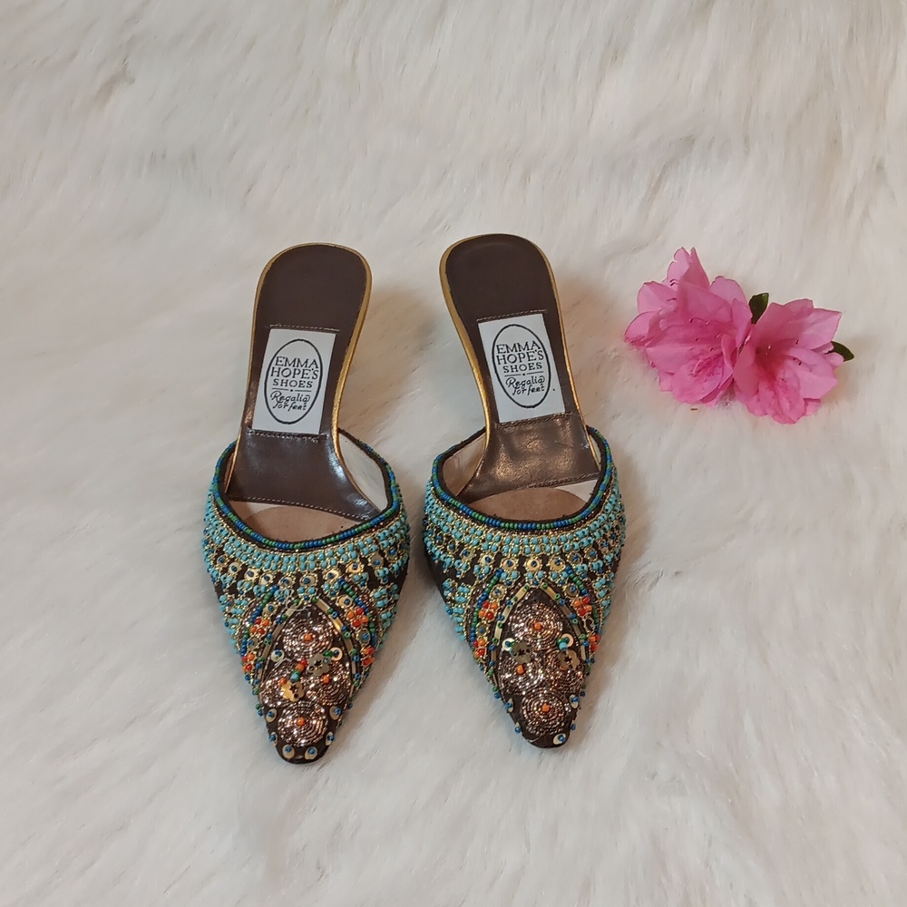 Vintage Emma Hope Embroidered Colorful Slip-on Heel Sz 37.5/ 7